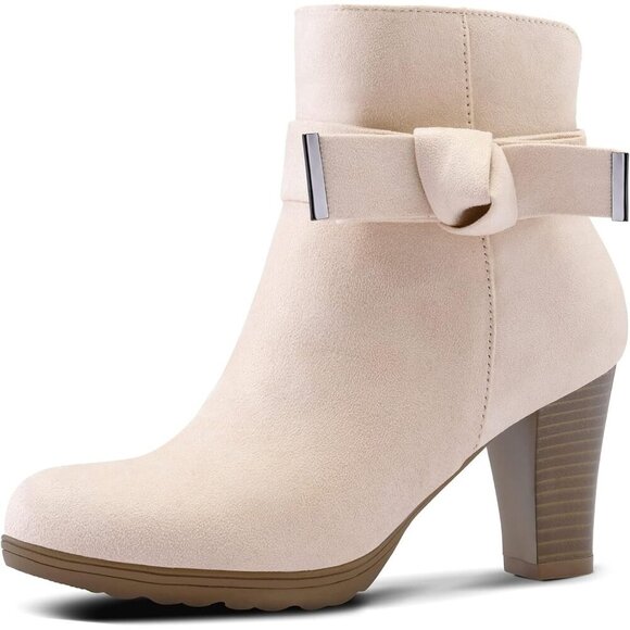 Shoes - Women's Beige Bow Suede Booties Chunky Stacked Heel Zipper Ankle Boots